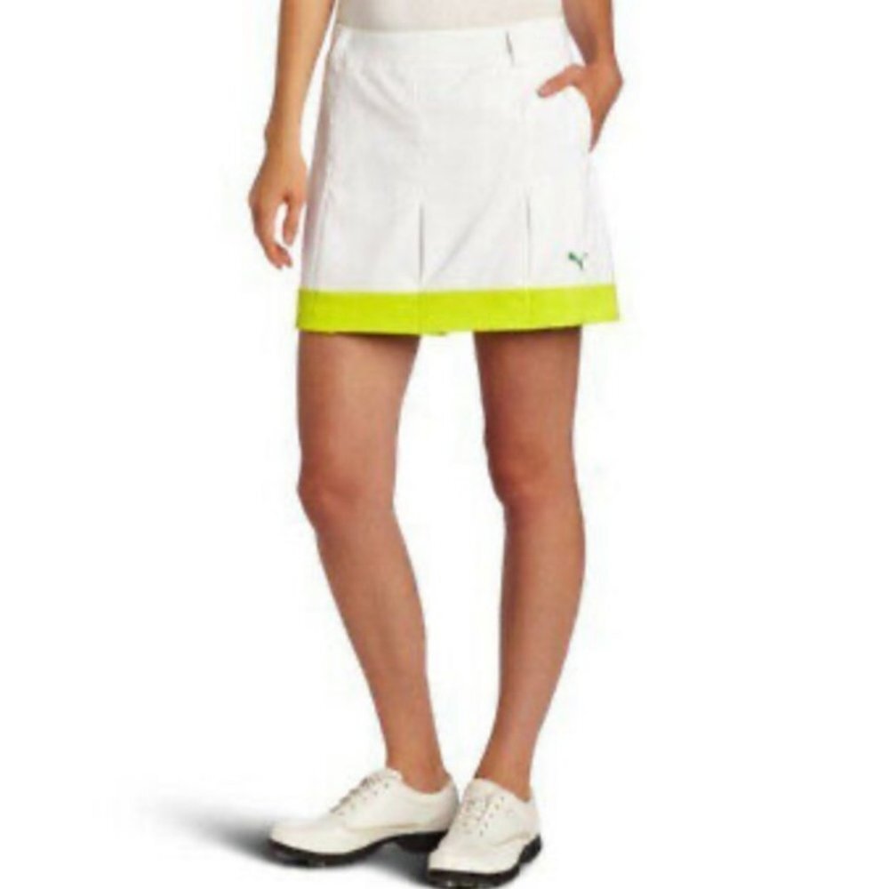 Puma Pleated Tech Golf Skirt‎ White Neon Yellow Skort Trim Pocket Size 0 Tennis